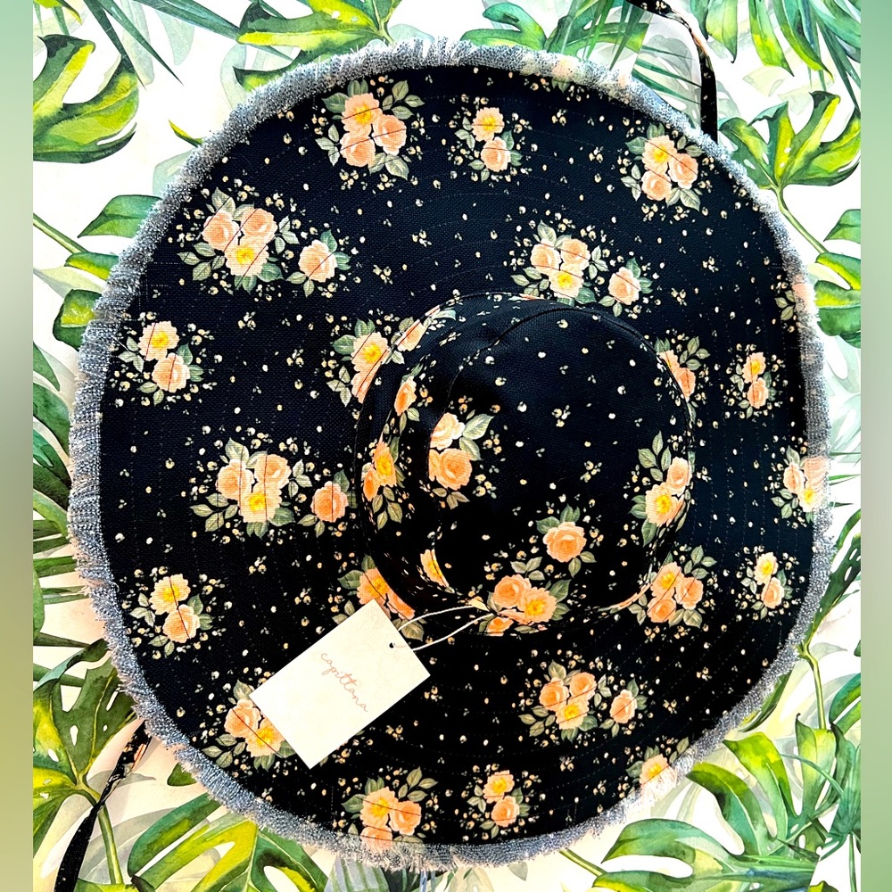 Anthropologie black flower hat, capittana hat, summer, beach, garden party